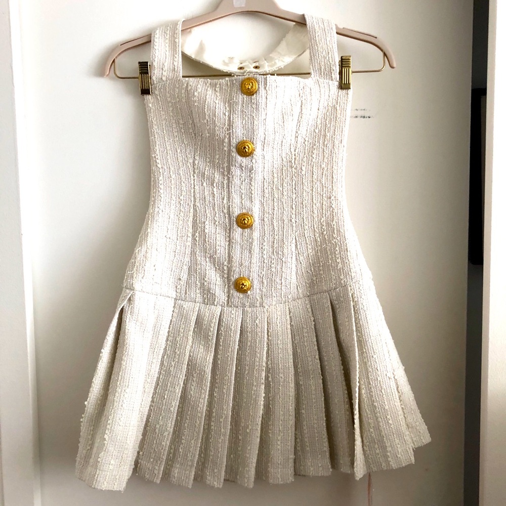 New Cream Tweed Gold Buttoned Zip Back Pleated Mi… - image 2